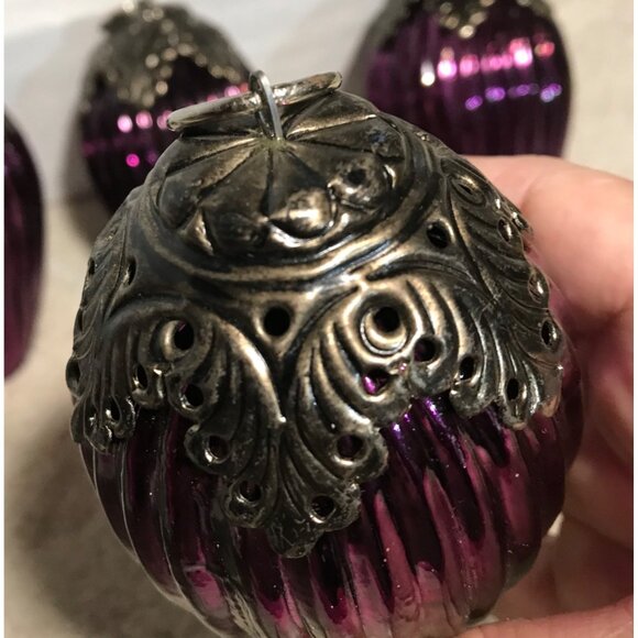 Purple Glass Christmas Ornaments Ornate Silver Caps Kugel? Vintage Very Heavy - Picture 3 of 14